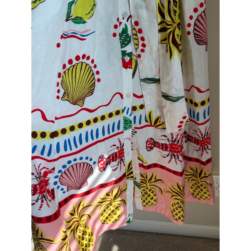 Boden Clara Linen Maxi Shirt Dress Womens 12 White Lobster Pineapple Belted - Picture 8 of 12